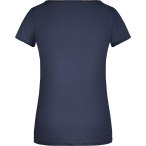 A navy blue ladies' t-shirt with short sleeves and a round neckline, featuring a logo on the back.