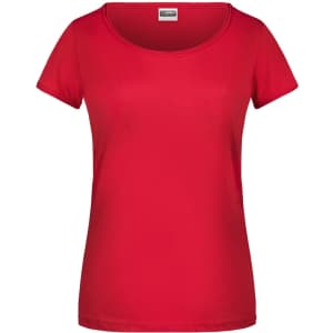 A red ladies' T-shirt with a round neck and short sleeves, featuring a logo on the label.