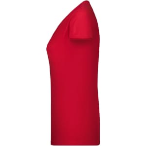 A red women's T-shirt with a fitted silhouette and short sleeves. It features a logo on the side.
