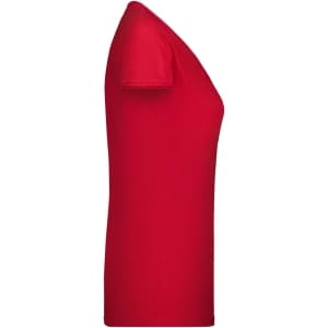 A red T-shirt displayed from the side, featuring a fitted design and short sleeves. It includes a logo.