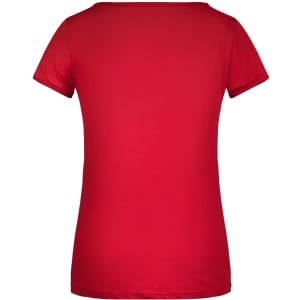 A red ladies' T-shirt with a classic fit and short sleeves, featuring a logo.