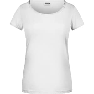A white women's T-shirt with a round neckline and short sleeves, featuring a branding logo.