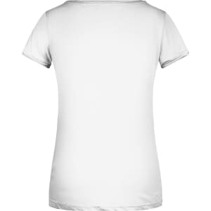 A white women's T-shirt with short sleeves and a round neckline, featuring a back view and no visible graphics.