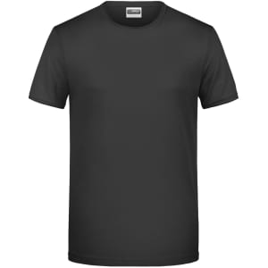 A black short-sleeved T-shirt featuring a simple design and a logo on the collar.