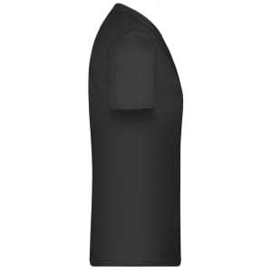 A black men's T-shirt displayed from the side, featuring a simple design and a logo.