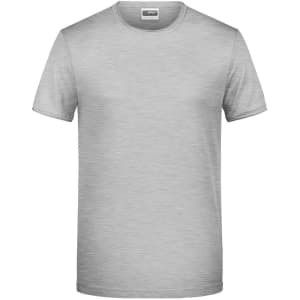 A light grey T-shirt with a round neckline and short sleeves. The shirt features a logo on the label.