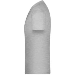 A grey men's T-shirt displayed from the side, featuring a simple design and a logo on the fabric.