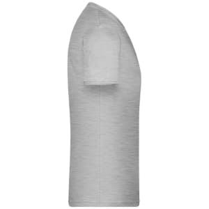 A grey men's T-shirt displayed from the side, featuring a simple design and short sleeves, with a logo.