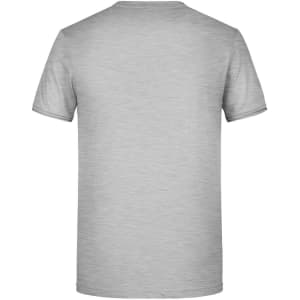 A grey T-shirt with a crew neck and short sleeves, featuring a logo on the back.