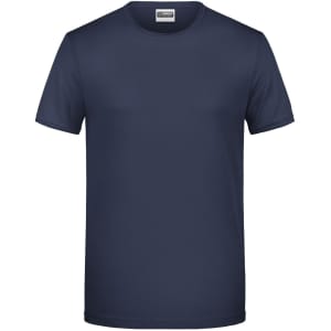 A navy blue short-sleeved T-shirt with a crew neck. The shirt features a logo on the label.