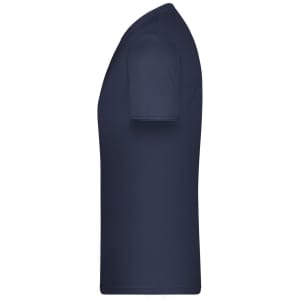 A navy T-shirt with short sleeves and a fitted silhouette, featuring a logo.