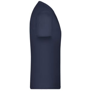 A navy blue men's T-shirt with short sleeves, featuring a simple design and a logo.