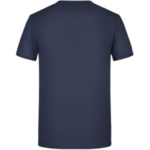 A navy blue men's T-shirt featuring a plain back design and a logo on the label.