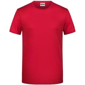 A red short-sleeve T-shirt with a classic round neck and a simple design, featuring a logo.