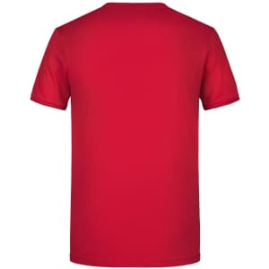 A red T-shirt with a crew neck and short sleeves, featuring a plain back and a logo.