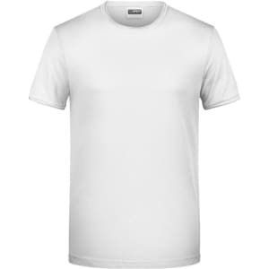 A plain white short-sleeve T-shirt with a round neckline and a logo on the label.