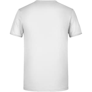 A plain white T-shirt with short sleeves. The back features a logo.