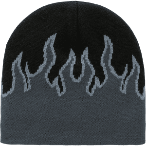 A black beanie featuring a grey flame pattern along the edge, with a simple, branded logo.