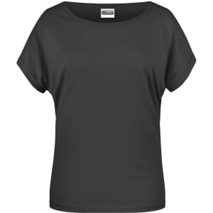 A black casual T-shirt with a loose-fitting design and short sleeves, featuring a logo on the label.