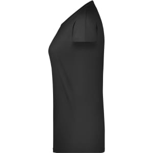 A black ladies' casual T-shirt featuring short sleeves and a fitted design. It includes a logo on the chest.