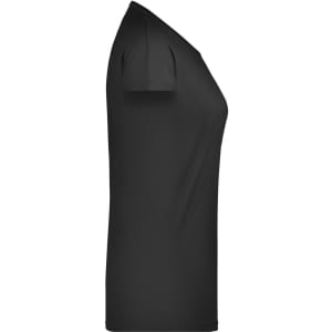 A black ladies T-shirt displayed from the side, featuring a fitted cut and short sleeves. It has a logo.