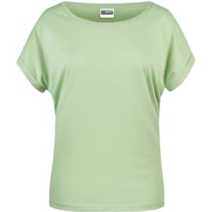 A light green ladies' casual T-shirt with a relaxed fit and rolled sleeves. Features a logo on the tag.