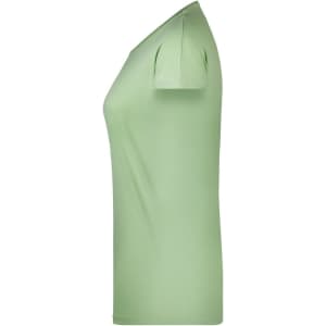 A light green casual T-shirt with short sleeves, featuring a fitted design and a logo on the side.