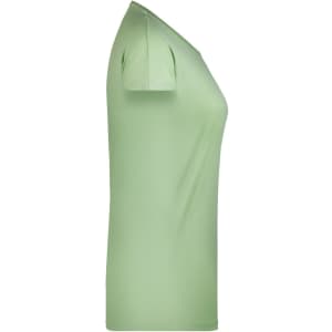 A light green ladies' casual T-shirt displayed from the side, featuring a fitted silhouette and short sleeves.