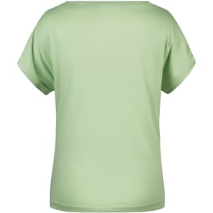 A light green casual T-shirt with short sleeves and a relaxed fit. The back view displays a simple design and a logo.