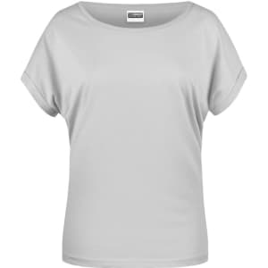 A relaxed-fit grey T-shirt with short sleeves and a rounded neckline. Includes a logo at the label.