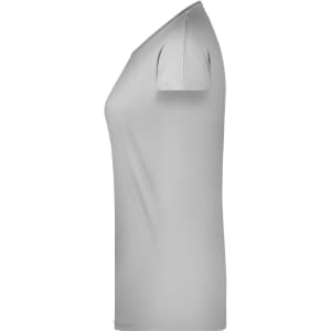 A light grey ladies' casual T-shirt with short sleeves and a fitted shape, featuring a branding logo.