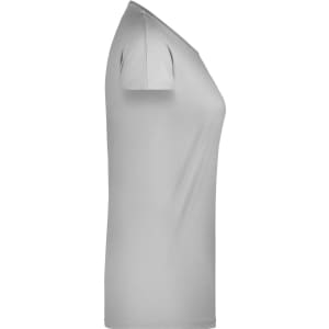 A light grey ladies' casual T-shirt displayed from the side with short sleeves, featuring a logo.