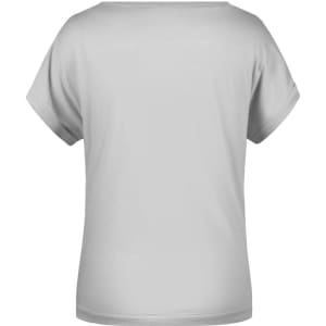 A grey casual t-shirt with short sleeves and a relaxed fit, featuring a logo on the back.