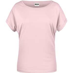 A pink casual t-shirt with short sleeves and a relaxed fit. It features a logo on the tag.
