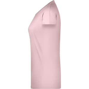 A pink ladies' casual T-shirt with short sleeves, featuring a simple design and a branding logo.
