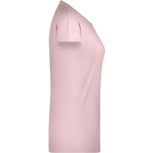 A light pink ladies’ T-shirt featuring short sleeves and a fitted silhouette. The shirt has a small logo.