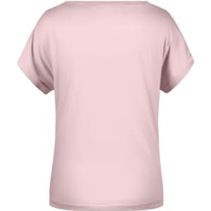 A pink casual T-shirt with a round neckline and short sleeves, featuring a simple design and no visible branding.