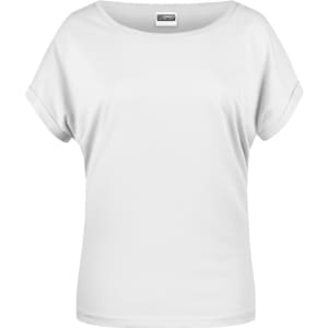 A white women's T-shirt featuring a relaxed fit and rolled sleeves. The shirt has a label tag inside.