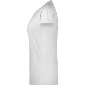 A white ladies' casual T-shirt, featuring short sleeves and a simple design. It has a logo on the garment.