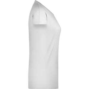 A white T-shirt with a fitted design and short sleeves, featuring a logo on the side.