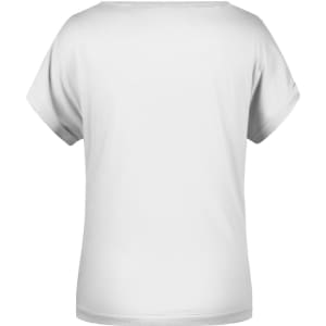 A plain white T-shirt with a relaxed fit and short sleeves, featuring a simple design and branding logo.