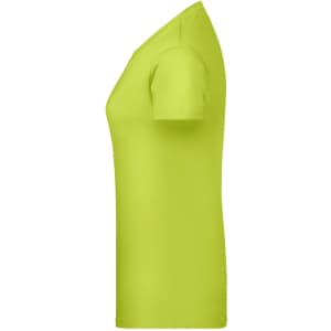 A side view of a ladies' basic T-shirt in bright lime green, featuring a fitted design. The shirt has short sleeves and a branded logo.