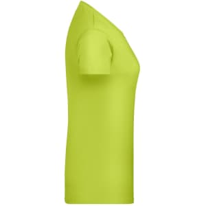 A bright lime green t-shirt with short sleeves displayed from the side. It features a logo on the fabric.