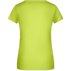 A ladies' short-sleeve T-shirt in vibrant lime green, featuring a fitted design and a logo on the back.