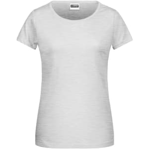 A ladies' basic T-shirt in light grey with a round neckline and short sleeves, featuring a logo.