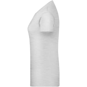 A light grey ladies' T-shirt features a short sleeve and a fitted design. The shirt has a branding logo.