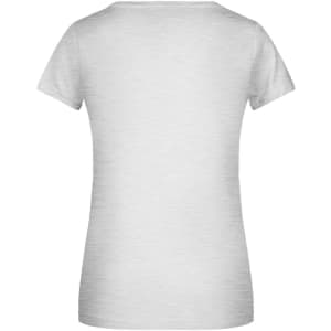 A light grey ladies T-shirt with a round neckline and short sleeves, featuring a branding logo.