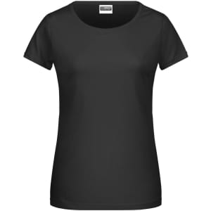 A black ladies' T-shirt with short sleeves and a round neckline. Features a logo on the label.