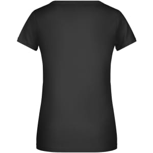 A black women's T-shirt with a short sleeve design. The back view is displayed. It features a simple style and has a logo.