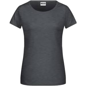 A grey ladies' t-shirt with a crew neck and short sleeves, featuring a brand logo.